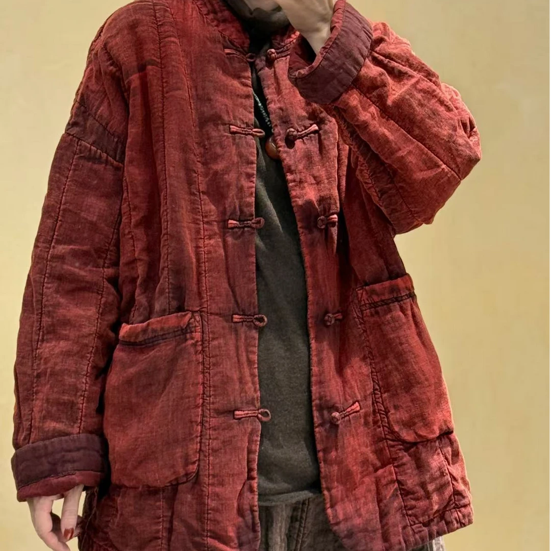 2024新款亚麻植物染棉服M6161中式立领盘扣复古红色
