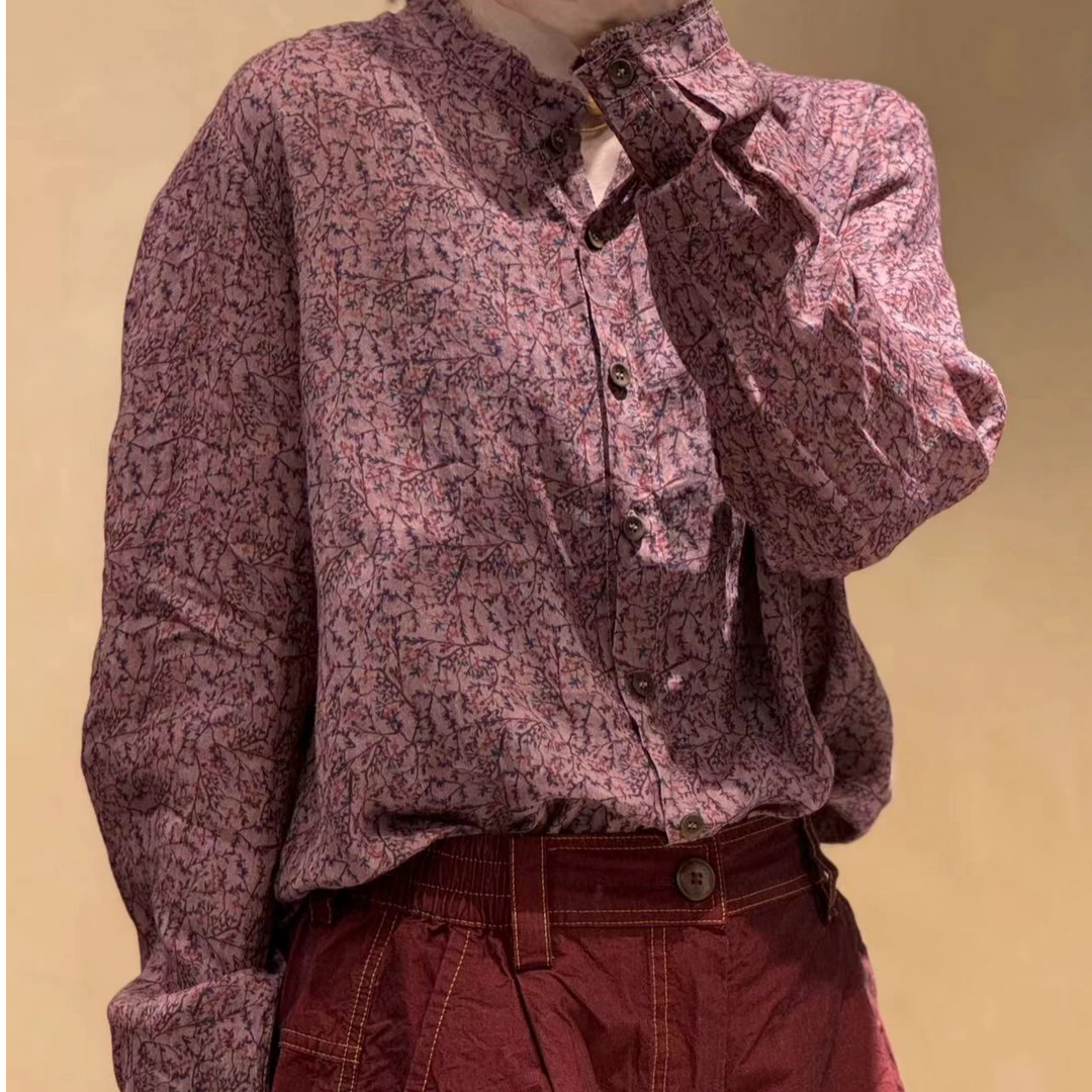 2024新款时尚百搭潮流碎花气质网红休闲复古亚麻毛边衬衫221217