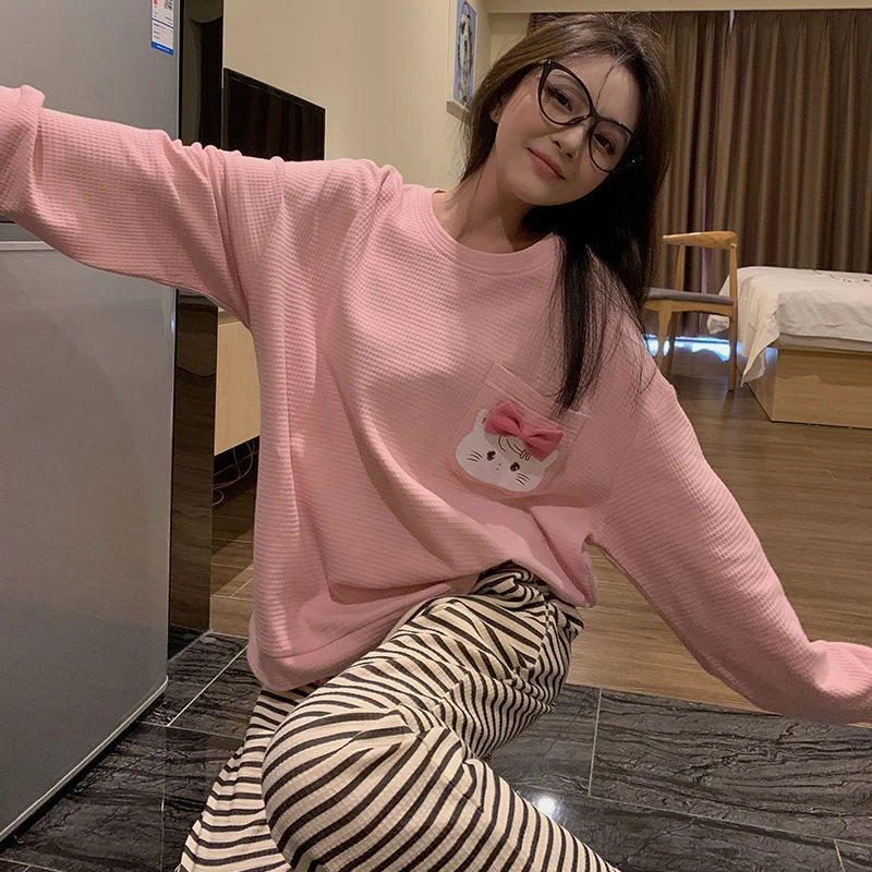 L睡衣女春秋季新款长袖套装华夫格纯棉圆领iKT猫少女可外穿家居服