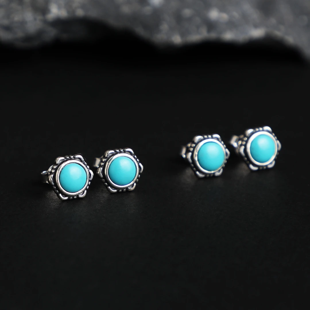 925银银制品 （泽）一对蓝色六边形耳钉