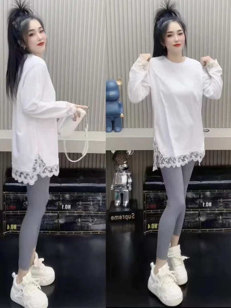 时尚设计感显瘦宽松长袖蕾丝拼接大版打底衫中长款T恤