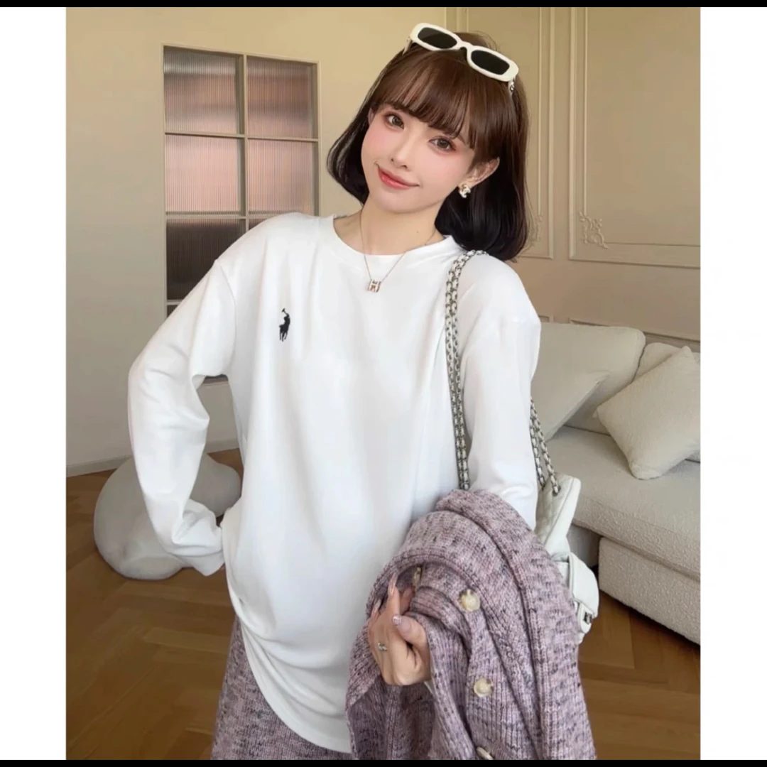 秋冬新款小马刺绣圆领长袖T恤打底衫女宽松休闲内搭上衣