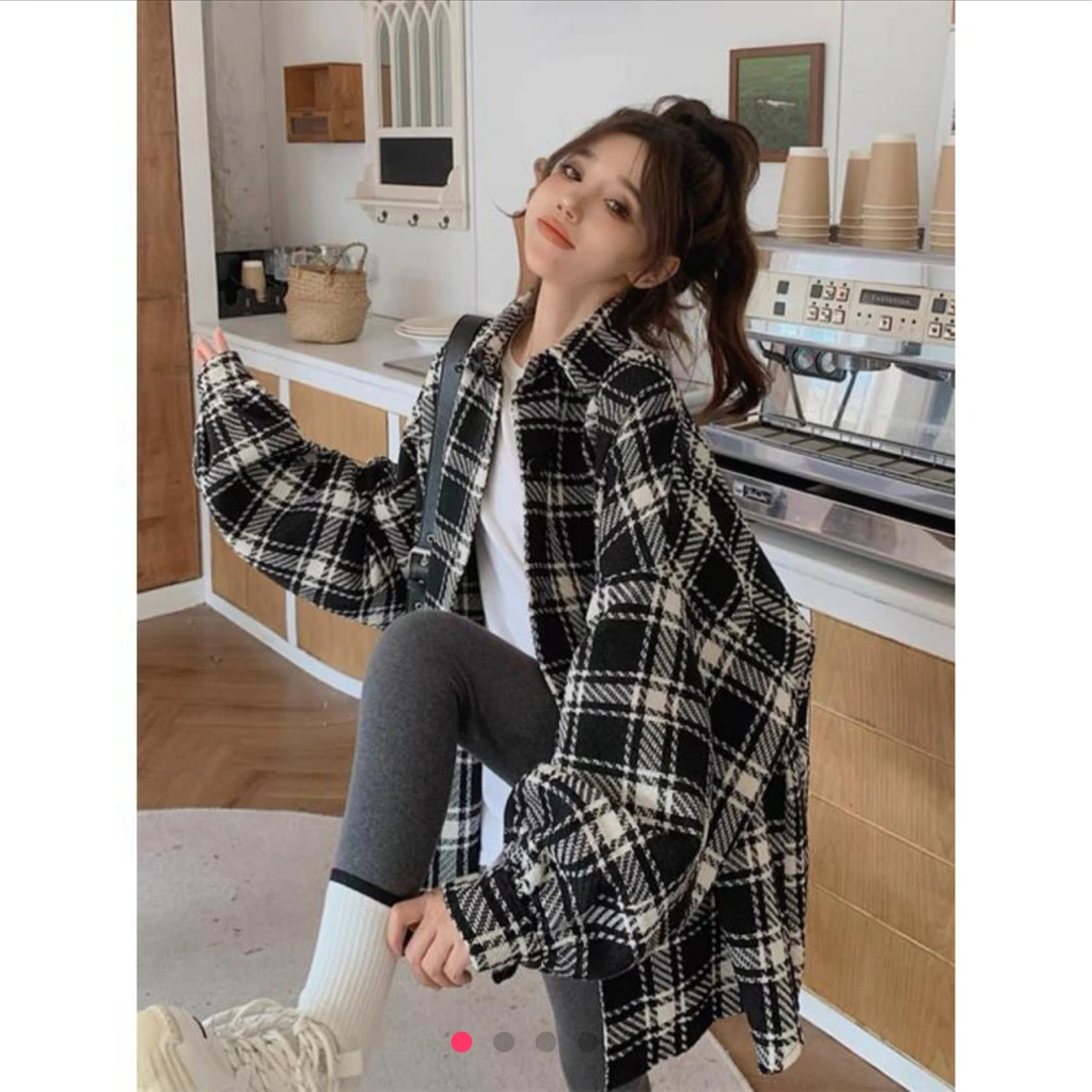 秋冬加厚宽松格子衬衫外套慵懒风中长款衬衣（9101）