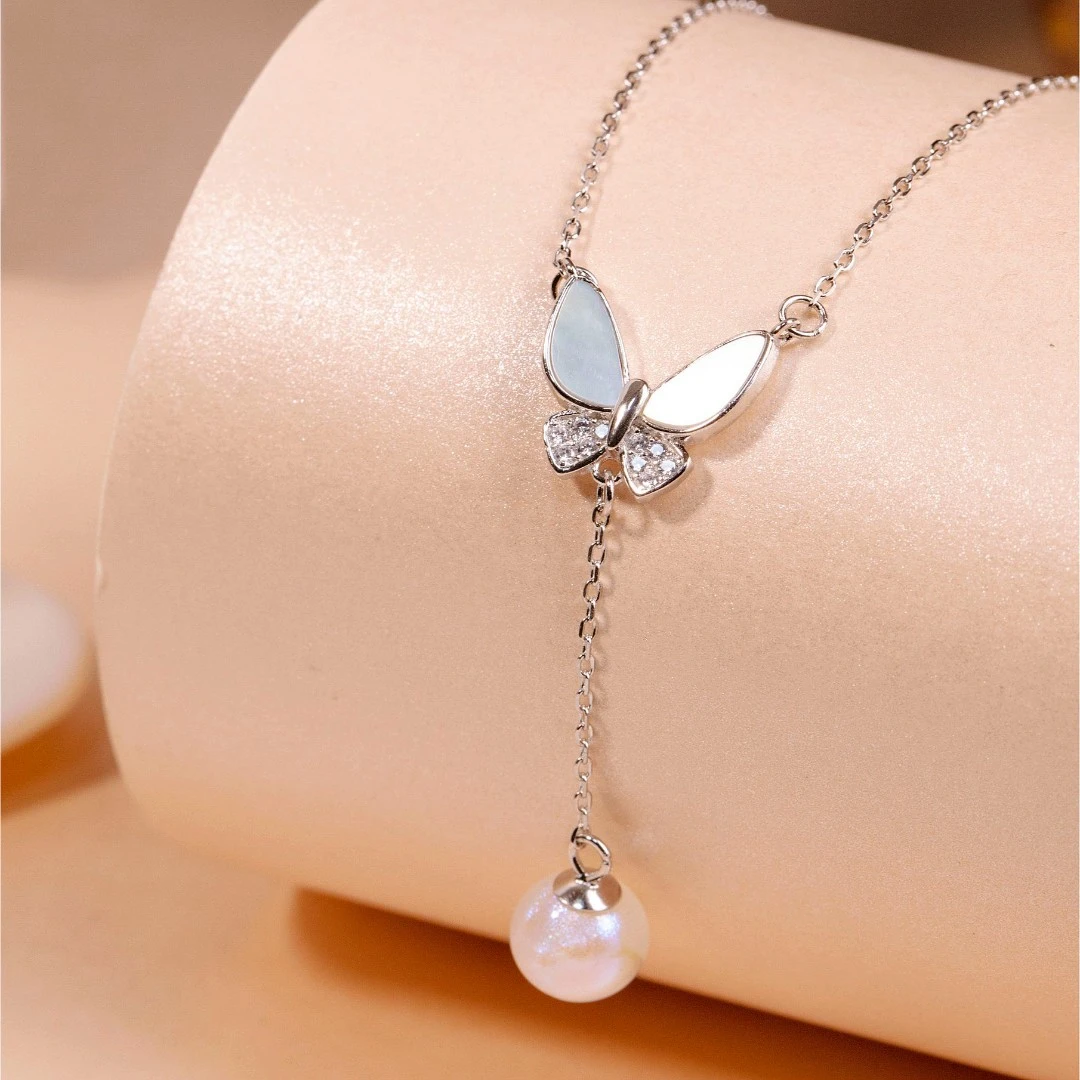 格格银楼 坠链均925银 蝴蝶吊珠项链HW-Y050气质时尚百搭高礼物
