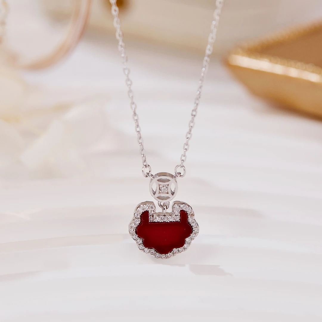 格格银楼 坠链均925银 国风轻奢吉祥如意双面可戴平安锁时尚套链