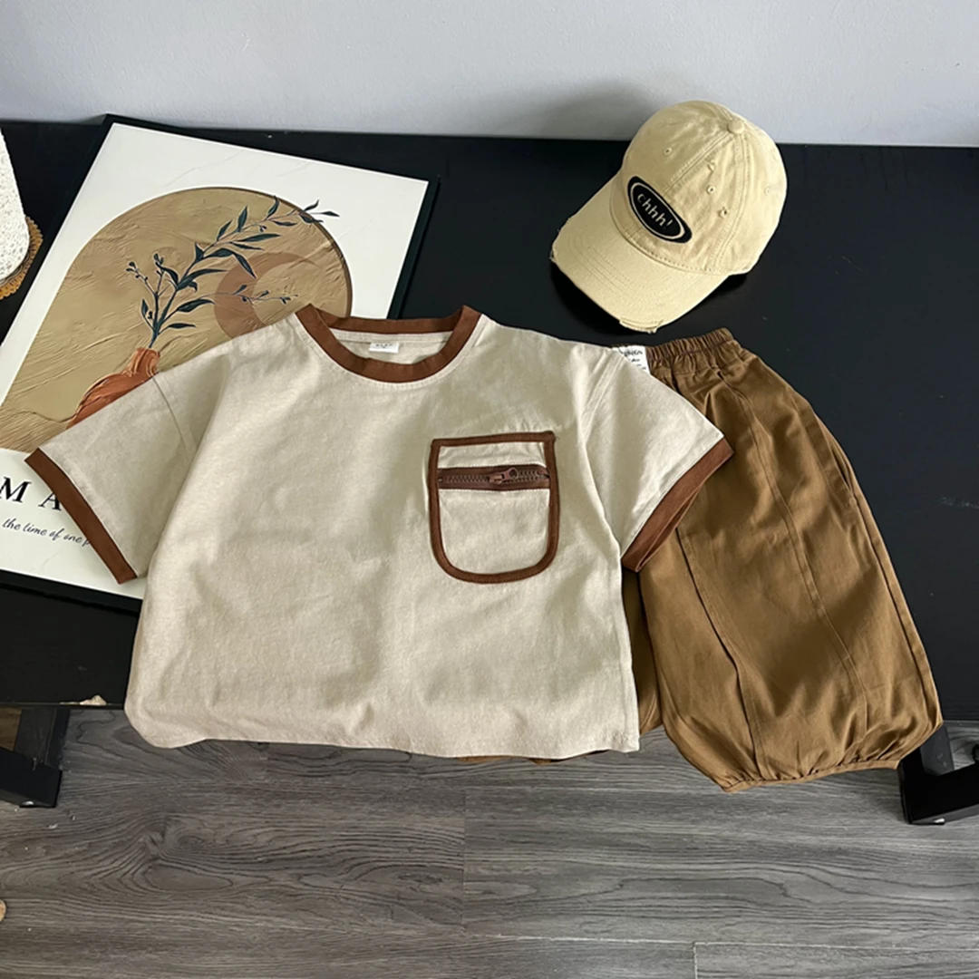 儿童夏季短袖七分裤套装男童洋气韩版宽松圆领t恤半袖纯棉中童潮