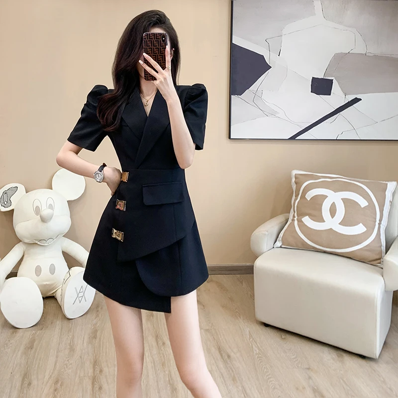 夏季气质轻奢小众高级感裙子女夏小个子高冷御姐风收腰西装连衣裙