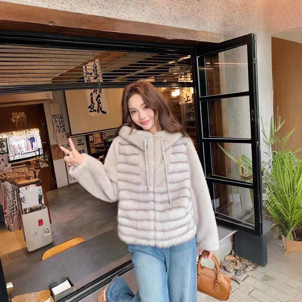 人造皮草 海宁环保皮草外套女仿水貂毛加厚连帽年轻款显瘦气质