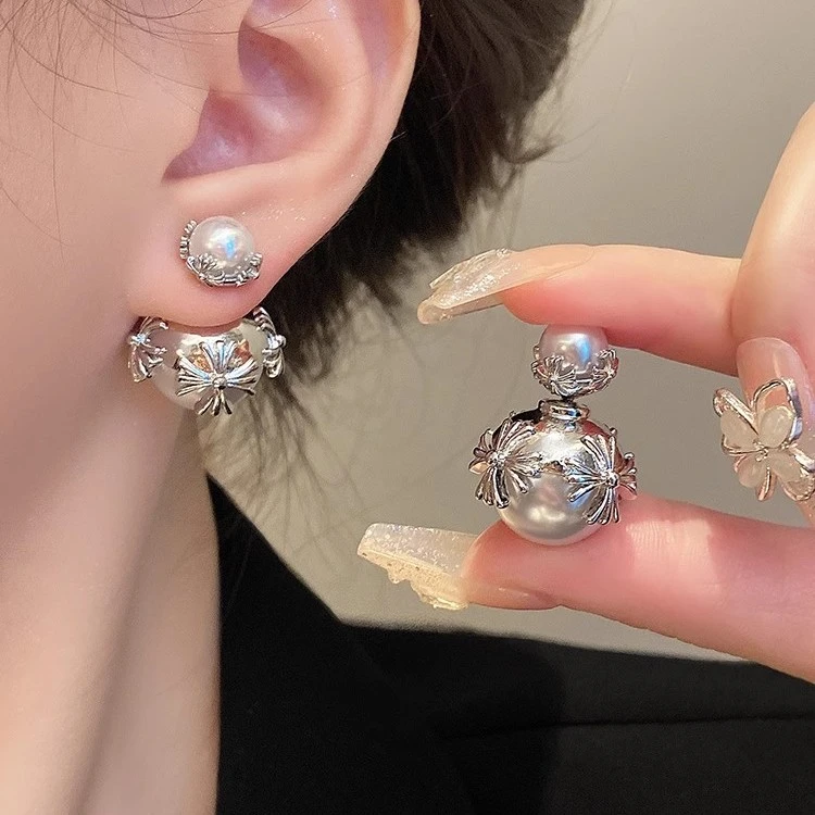 铜合金耳饰 轻奢十字架珠珠耳钉小众设计感高级感耳环女耳饰新款