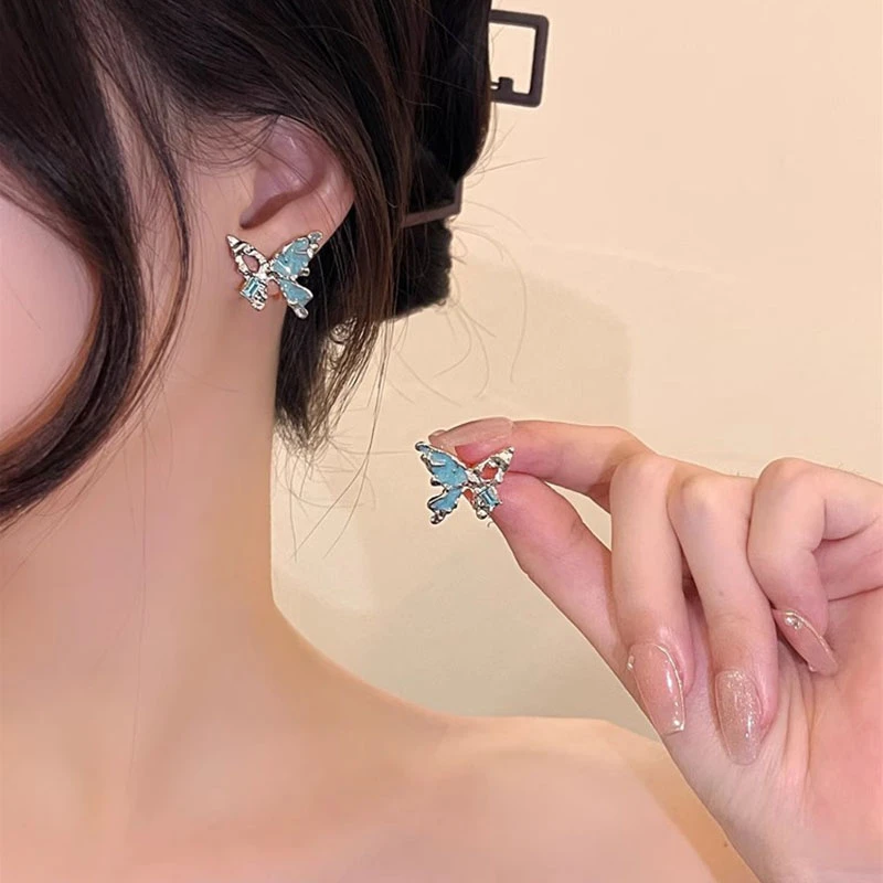 铜合金耳饰 气质蓝色蝴蝶耳钉时尚耳环轻奢高级感小众设计感耳饰