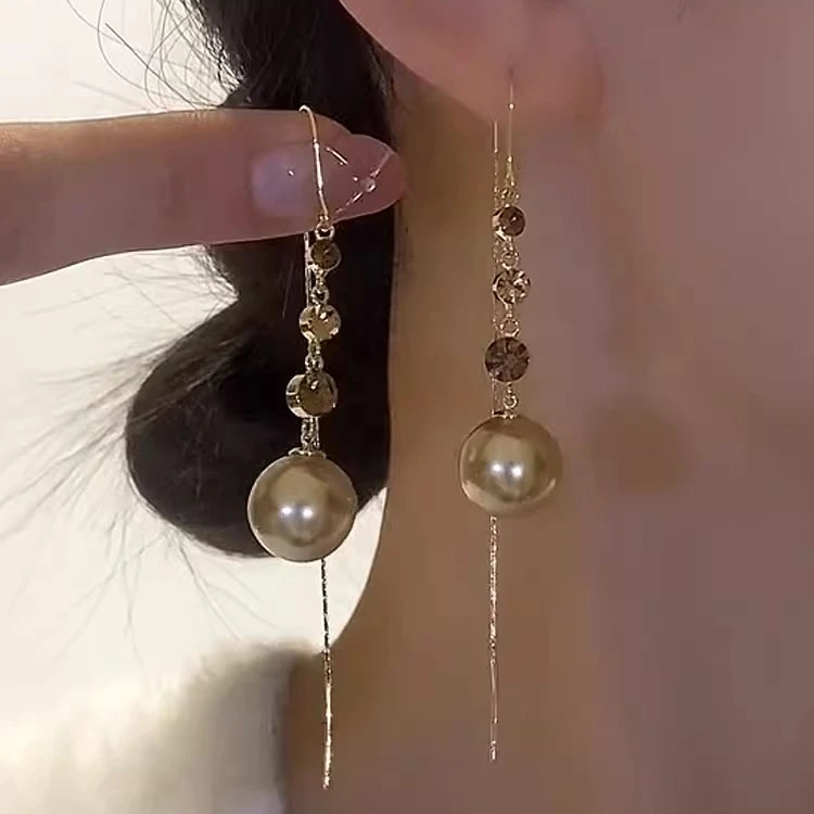 铜合金耳饰 法式香槟色珠珠耳线女气质时尚长款耳环轻奢百搭耳饰