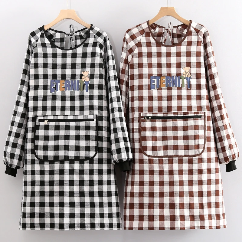 厨房餐饮专用围裙时尚经典格子款防污耐脏长袖罩衣可定制logo印字