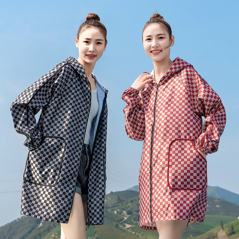 春秋正穿衣时尚棋盘格围裙厨房家用薄款工作服可外穿长袖防水罩衣