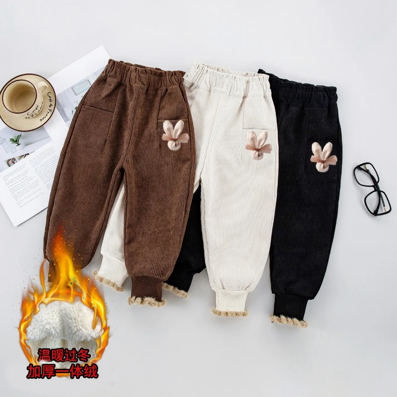 女童加绒裤子冬季新款灯芯绒加厚保暖裤子女宝宝一体绒冬装休闲裤