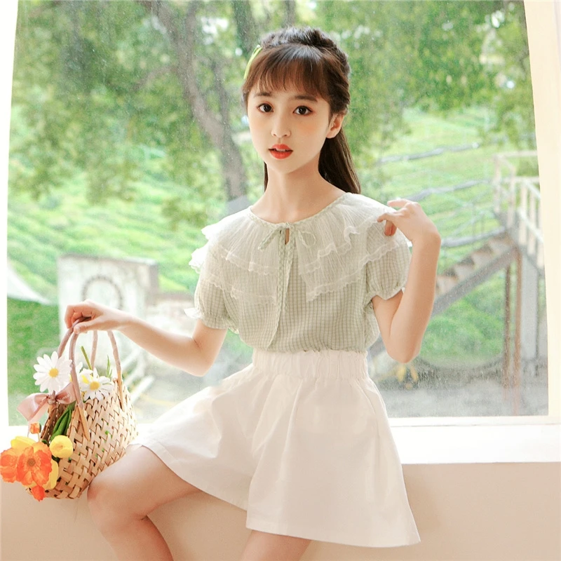 女童短袖套装夏季中大儿童时尚甜美蕾丝花边网纱娃娃领上衣两件套
