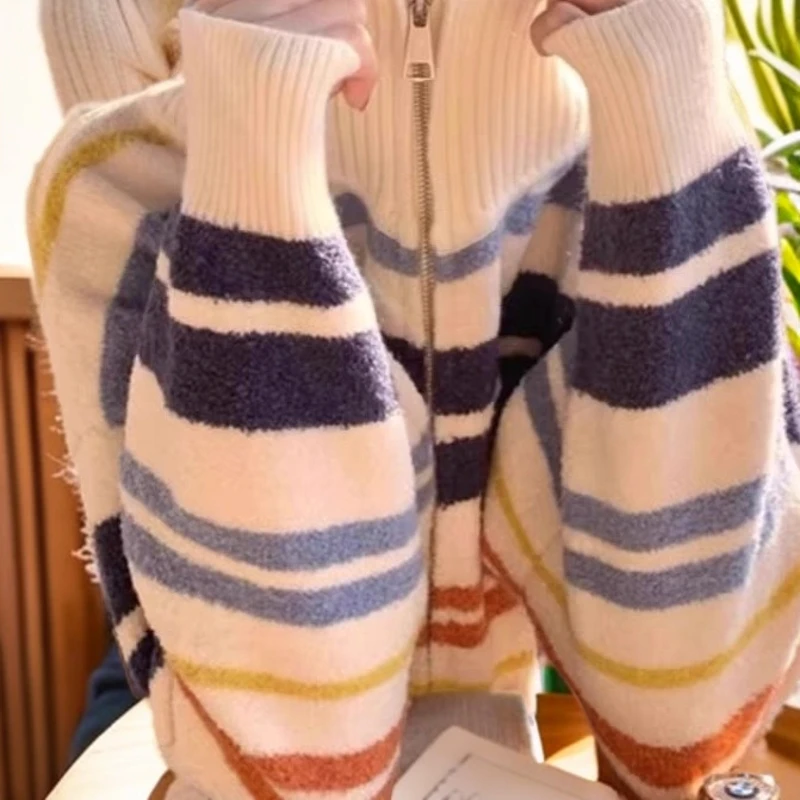 美式立领彩虹条纹拉链开衫毛衣女秋冬针织复古上衣慵懒外套