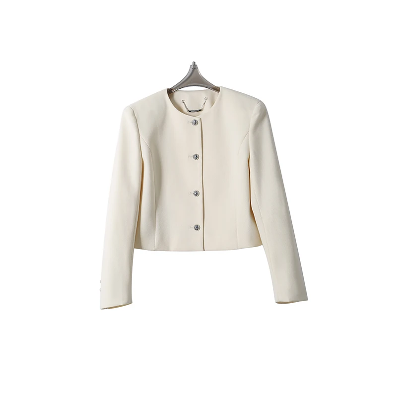 CELLENDI小香风圆领百搭精致短款外套气质轻奢时尚长袖白色女士