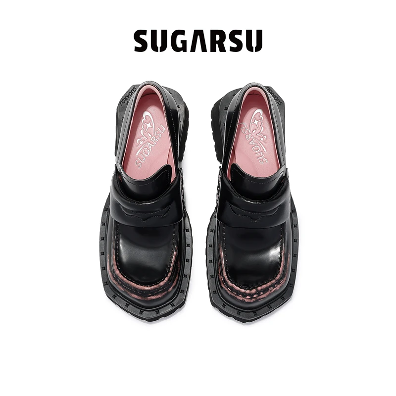 SugarSu/酥履乐福鞋女粗跟增高英伦风小皮鞋黑色春季方头单鞋
