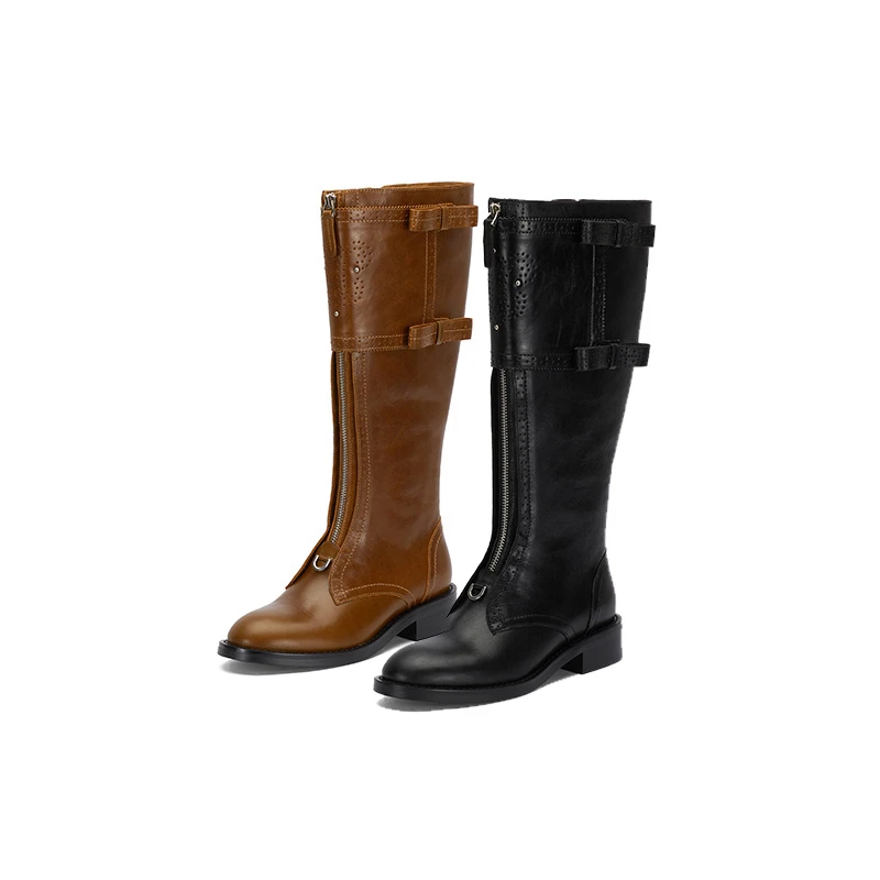 SugarSu/酥履24秋冬新款骑士直筒厚底复古美拉德马术真皮长靴女