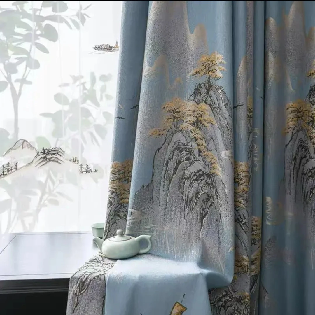 2025新款上新新中式成品遮阳窗帘山水图案色织提花大气书房客厅