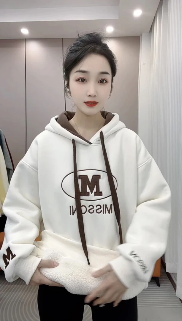 宝宝绒加绒加厚重工刺绣M休闲百搭宽松连帽中长款卫衣女