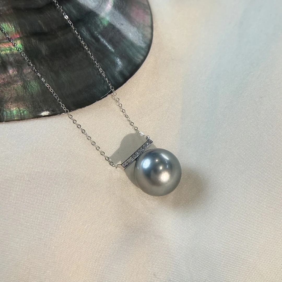 sp10018 |18k金钻石 11-12mm铂金灰大溪地吊坠（赠金链）多样性发一