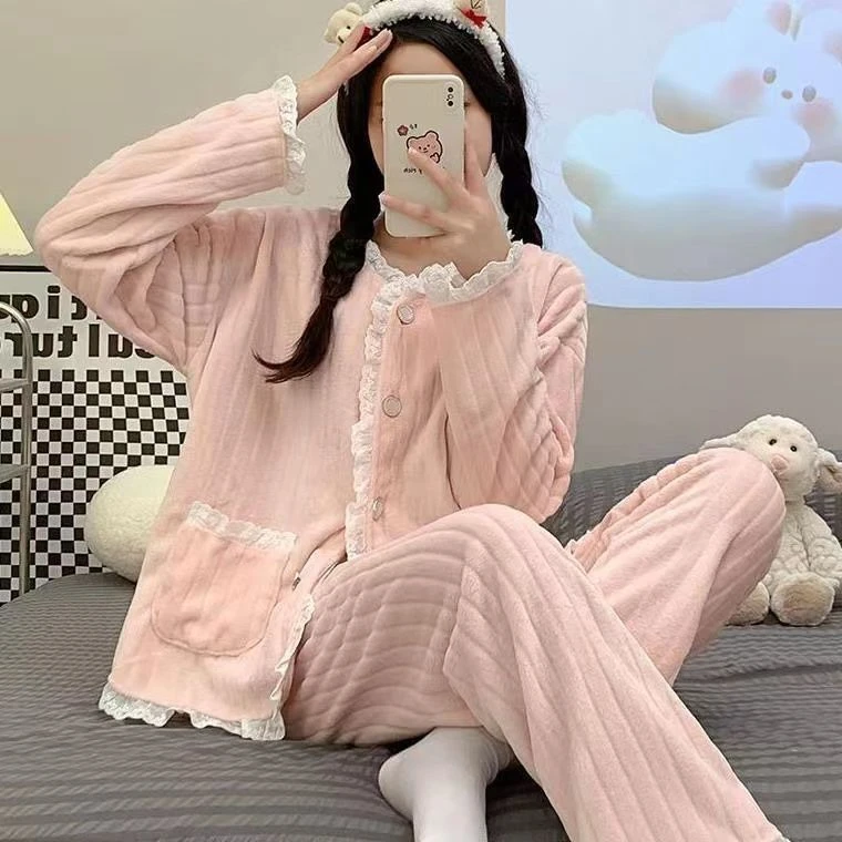 睡衣天蕾丝花边加厚法兰绒家居服套装春秋幼儿园可外穿加厚加绒