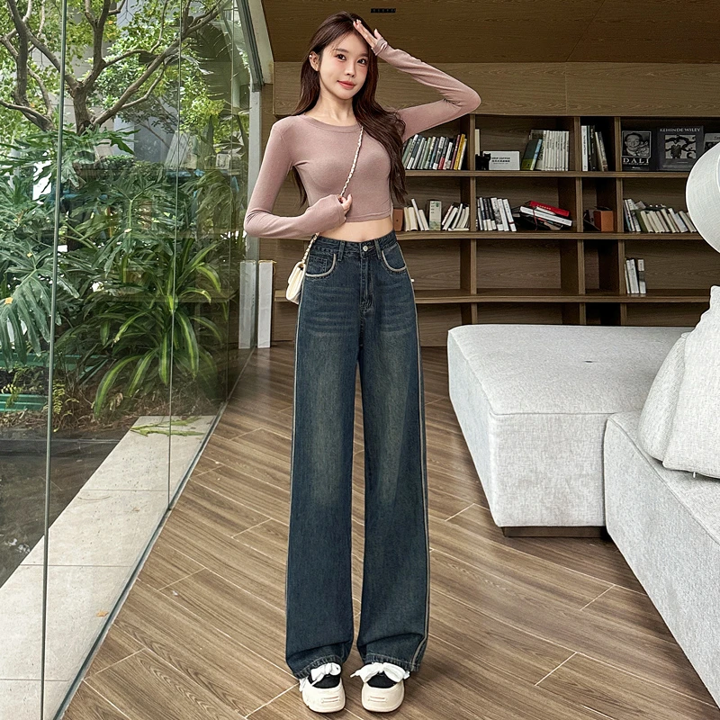 复古蓝高腰窄版小个子牛仔裤2025春季直筒显瘦拖地裤女长裤潮7779