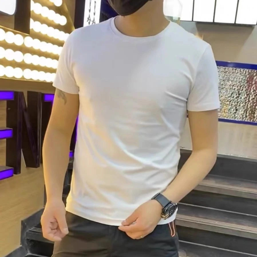新款丝光棉男士圆领短袖T恤男百搭潮流纯色弹力打底夏季