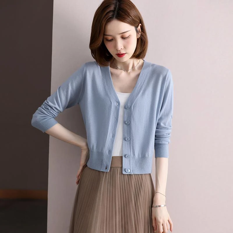 恒源祥集团彩羊开衫薄款冰丝女2023新款短袖V领短款小外搭毛衣外