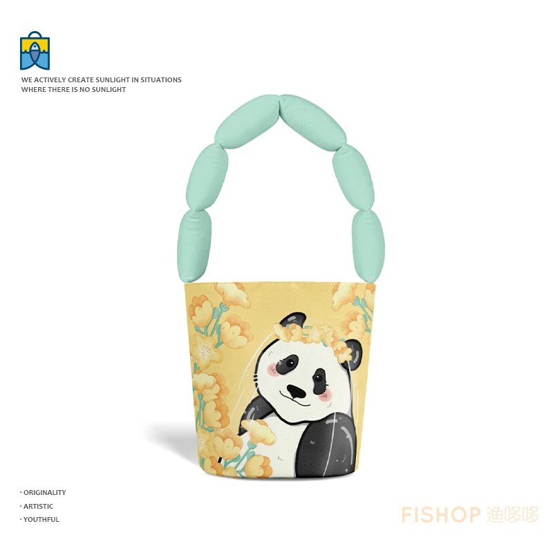 福宝熊猫肩包文创水桶包时尚百搭单肩潮流休闲卡通小众毛绒小包包