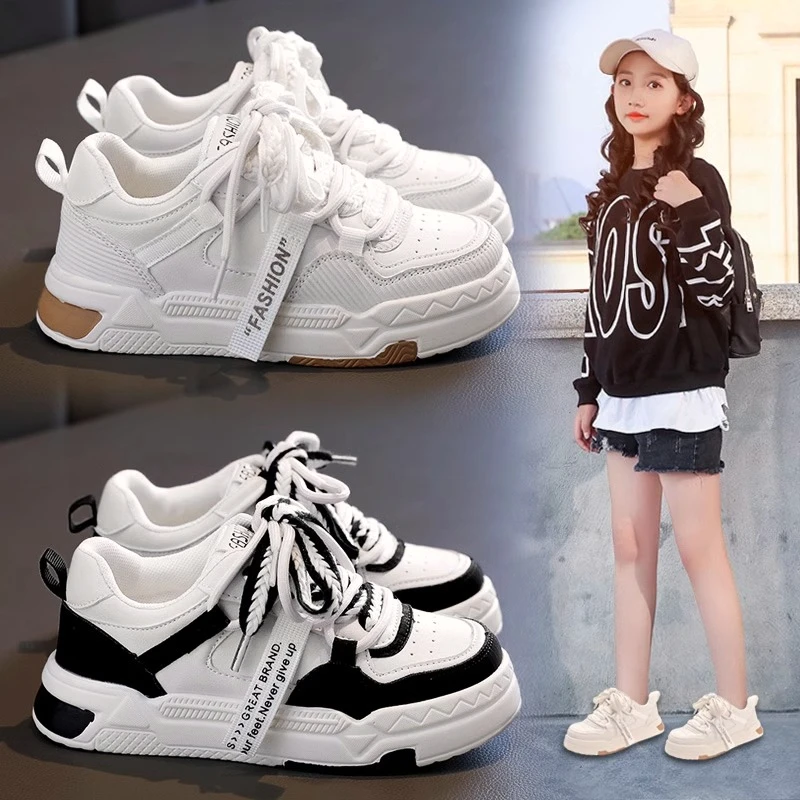 女童皮面防水运动鞋子小女孩新款百搭板鞋中大童跑步网红小白鞋