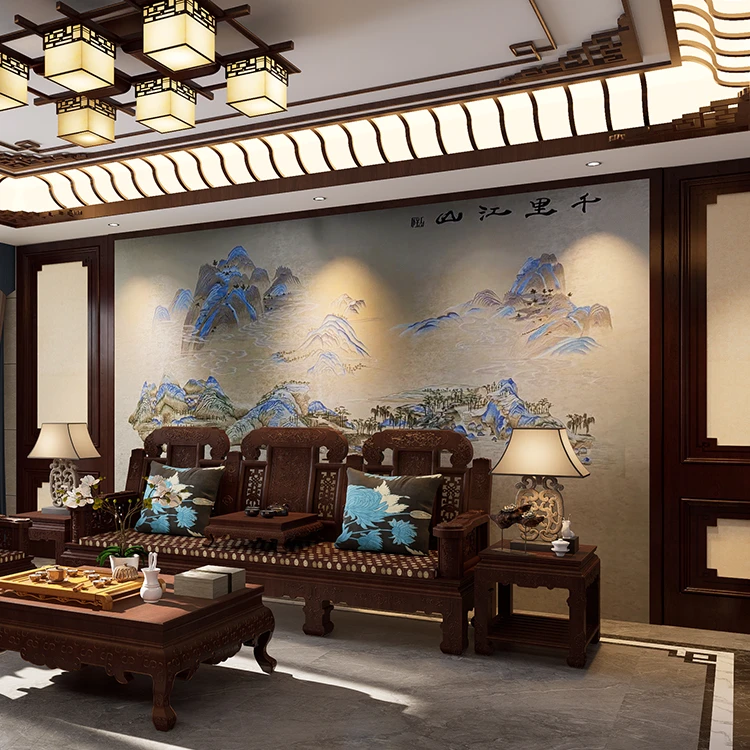 zhibalu/纸巴鹿（直播间同款）新千里江山图中式沙发背景布独绣古典