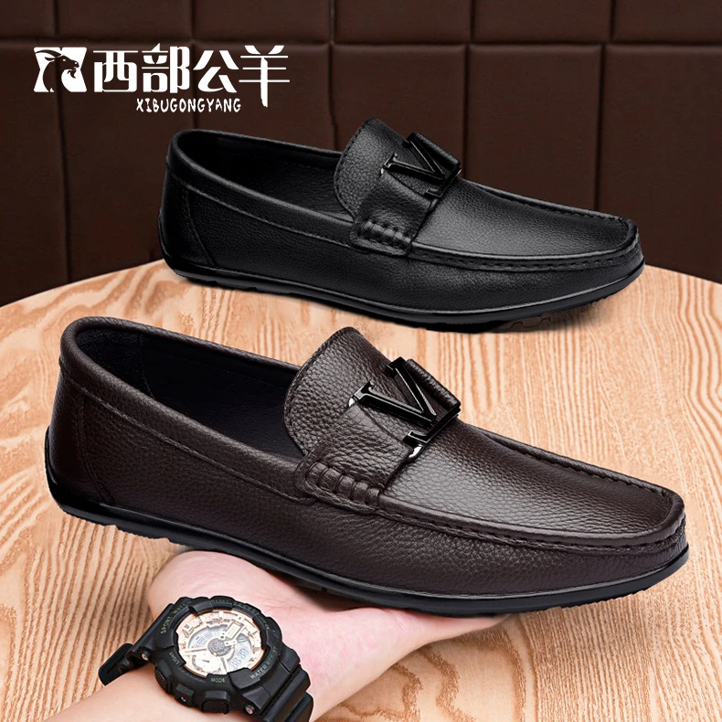 36-47西部公羊头层牛皮豆豆鞋男士软底加绒商务保暖一脚蹬2269
