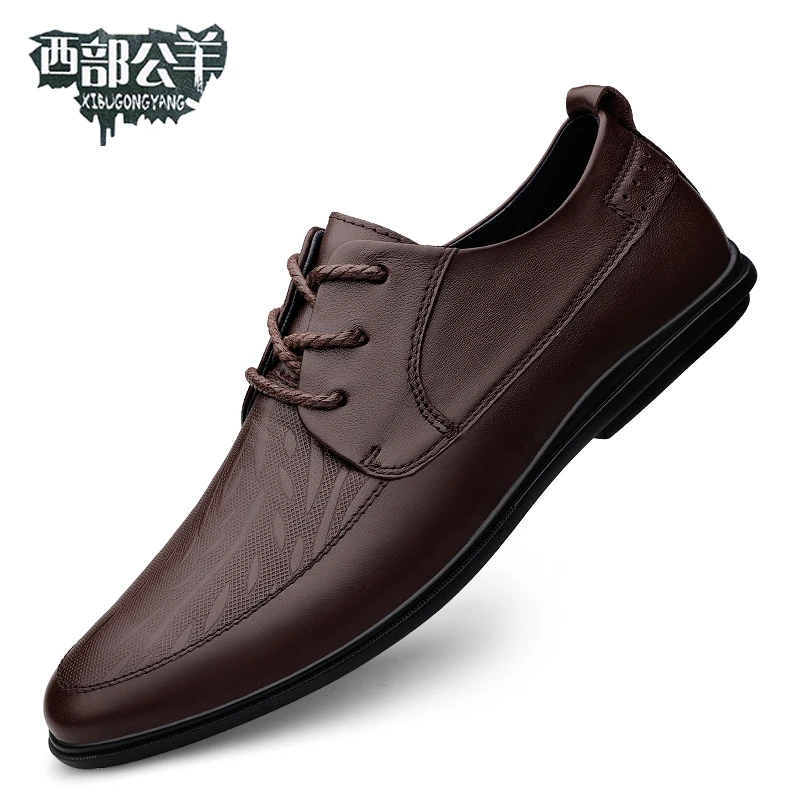 37-44西部公羊男士休闲皮鞋头层牛皮百搭商务宴会鞋系带男鞋20301