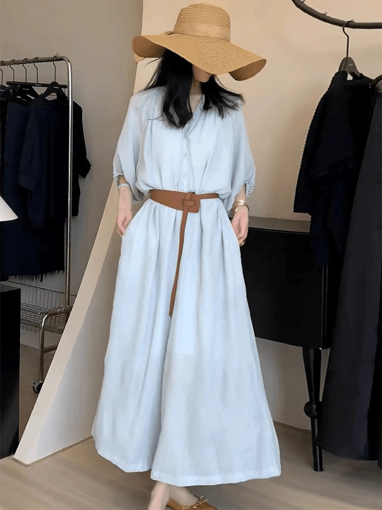 三件套夏季设计感轻奢宽松连衣裙韩系气质V领中袖收腰显瘦长裙子