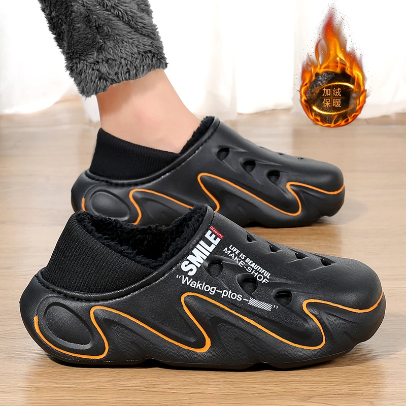 洞洞鞋男外穿冬季加绒保暖防水全包棉鞋男士室内防滑懒人包头拖鞋