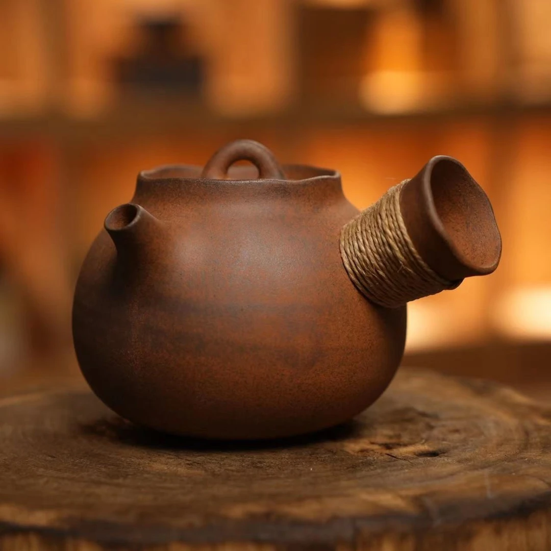灰念-老岩泥拇指侧把壶260cc家用复古陶瓷纯手工煮水全手工泥壶