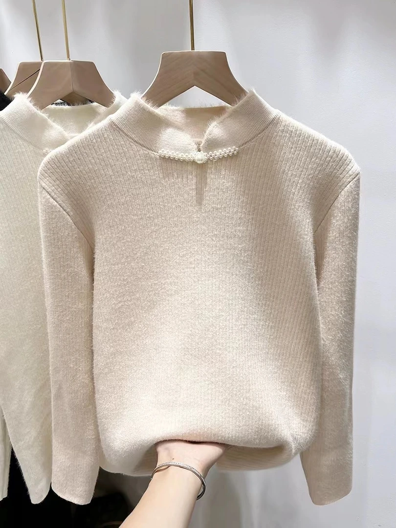 七七专属—冬季新款时尚加绒加厚立领盘扣钉珠国风针织衫2407