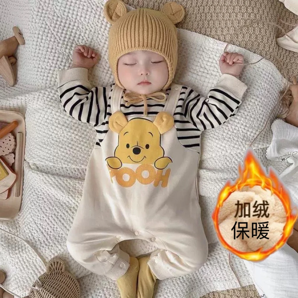 秋冬新款哈衣卡通婴儿小熊条纹加绒爬服新生两件长袖连体衣