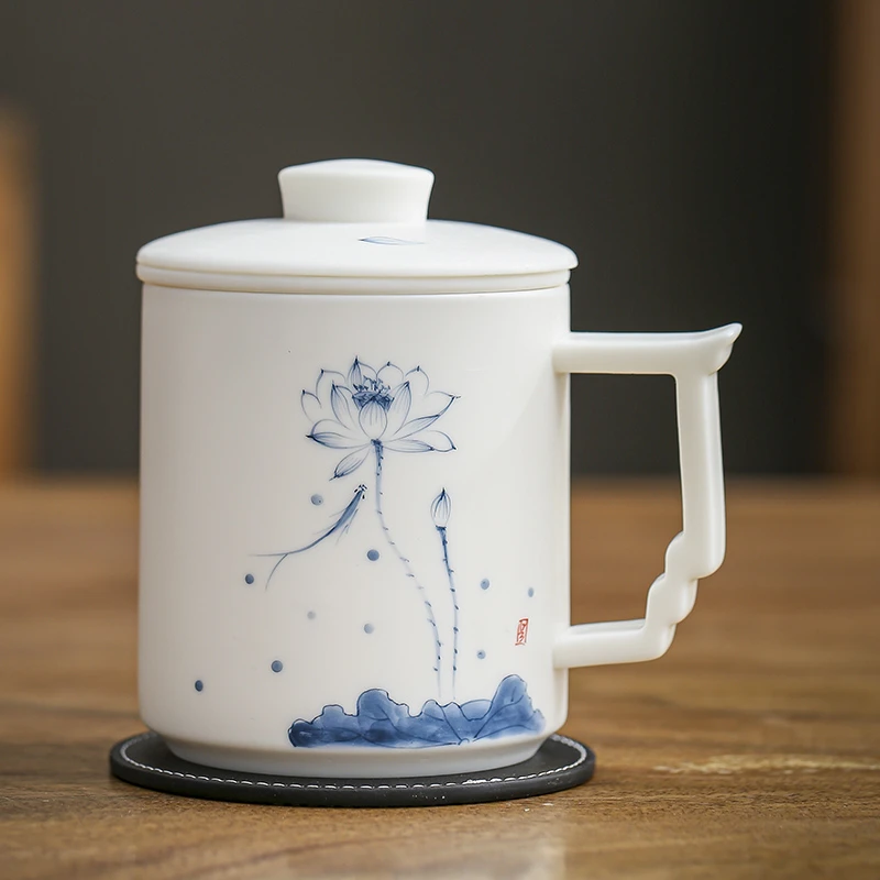 羊脂玉陶瓷手绘马克杯釉下青花白瓷办公杯茶水分离茶杯个人杯
