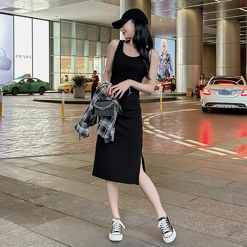 女装2025春夏新款棉休闲显瘦吊带背心裙大码中长款内搭开叉小黑裙
