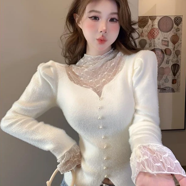 半高领毛衣打底衫女秋冬装水貂毛拼接蕾丝上衣收腰内搭洋气针织衫