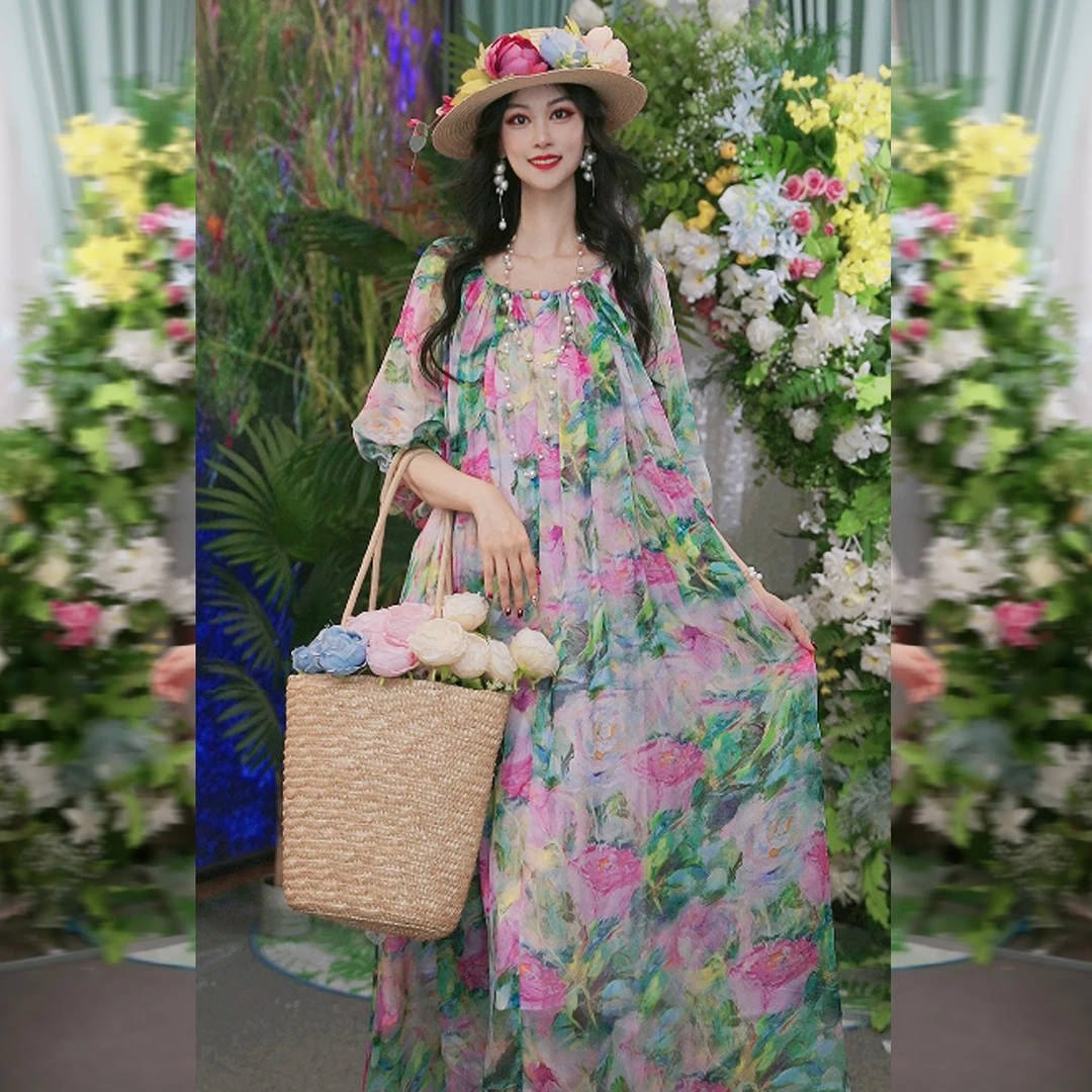 法式浪漫度假夏季桑蚕丝印花S时尚轻奢气质宽松女装连衣裙241D213