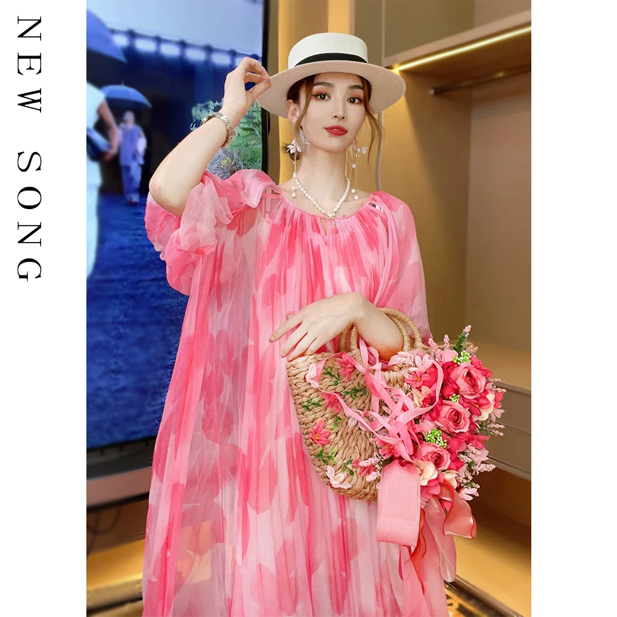 【AMBM高端定制】夏季真丝宽松印花度假风长款女装连衣裙232D121