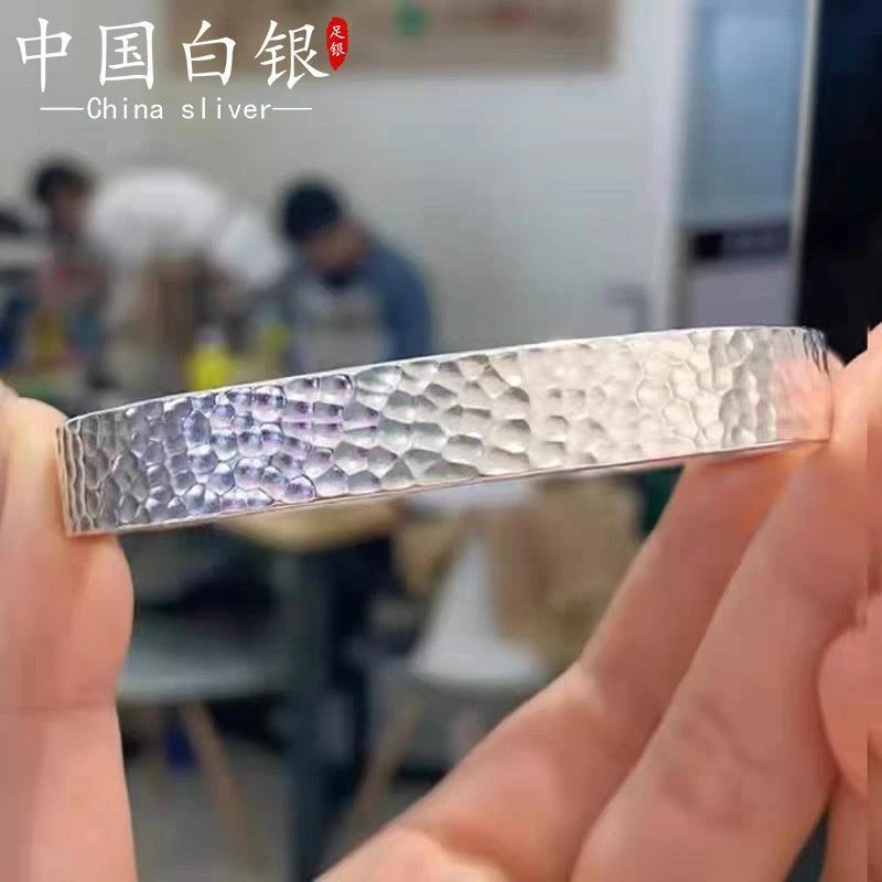 足银木质手镯 手工锤纹9999纯银手镯云南雪花银仿古做旧平面锤纹