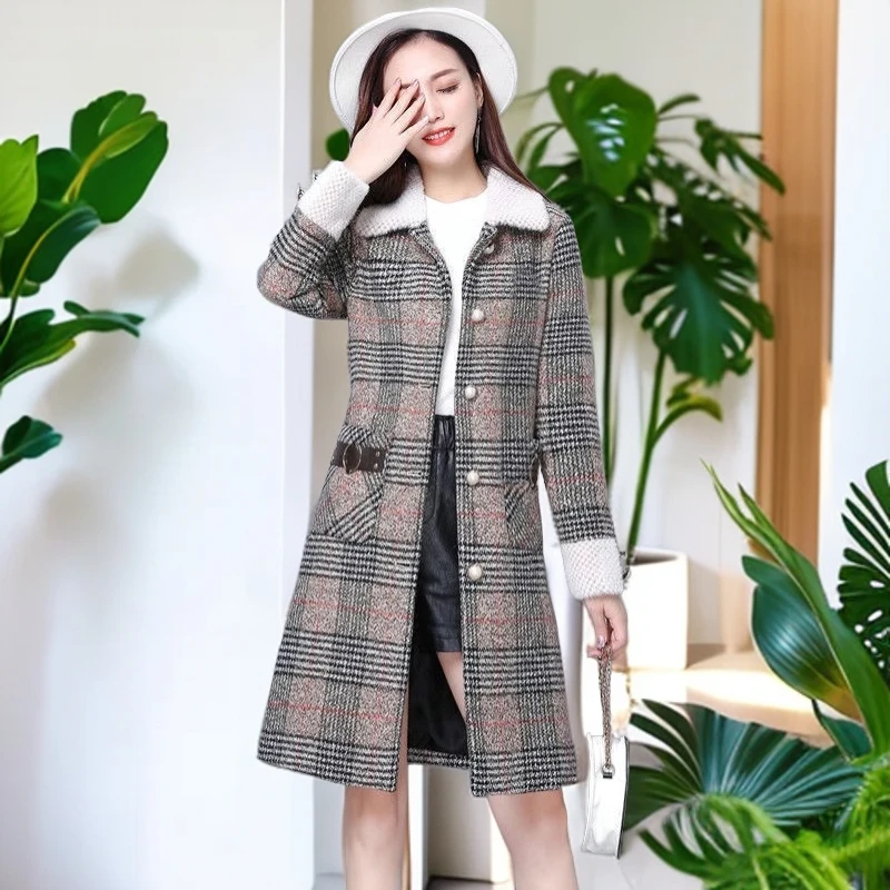 千鸟格毛呢外套女冬季新款宽松大码休闲加棉加厚中长款呢子大衣女