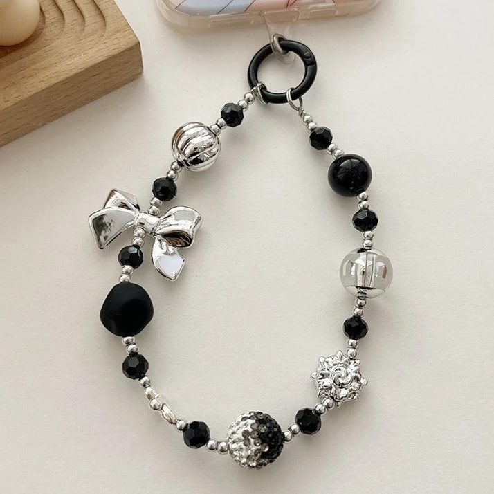 手机挂绳水晶链珠子蝴蝶结满钻串珠吊坠水钻石挂件短款手腕钥匙绳