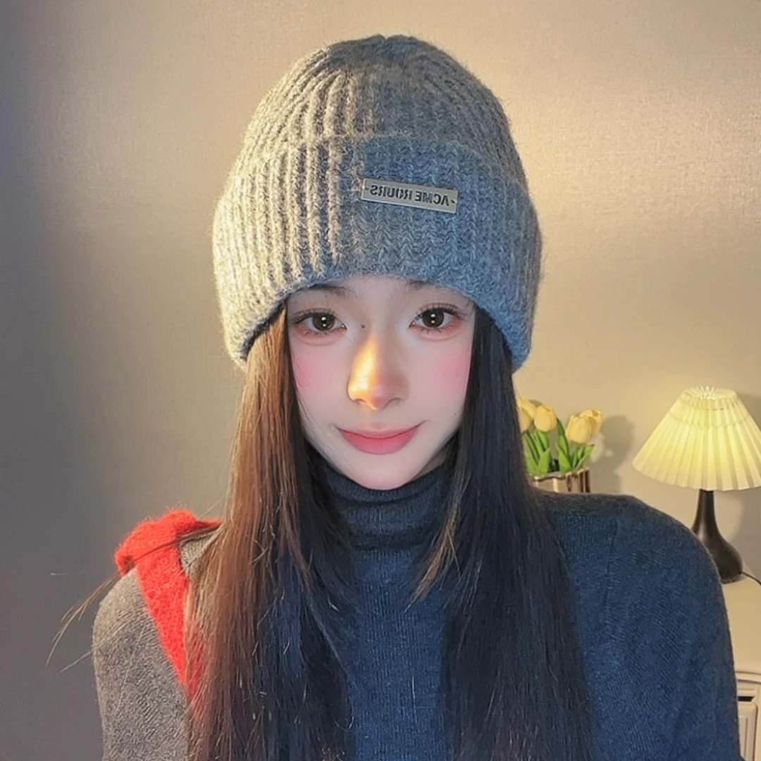 新款毛线帽大头围女秋冬保暖显脸小休闲针织帽冷帽堆堆帽英文铁标
