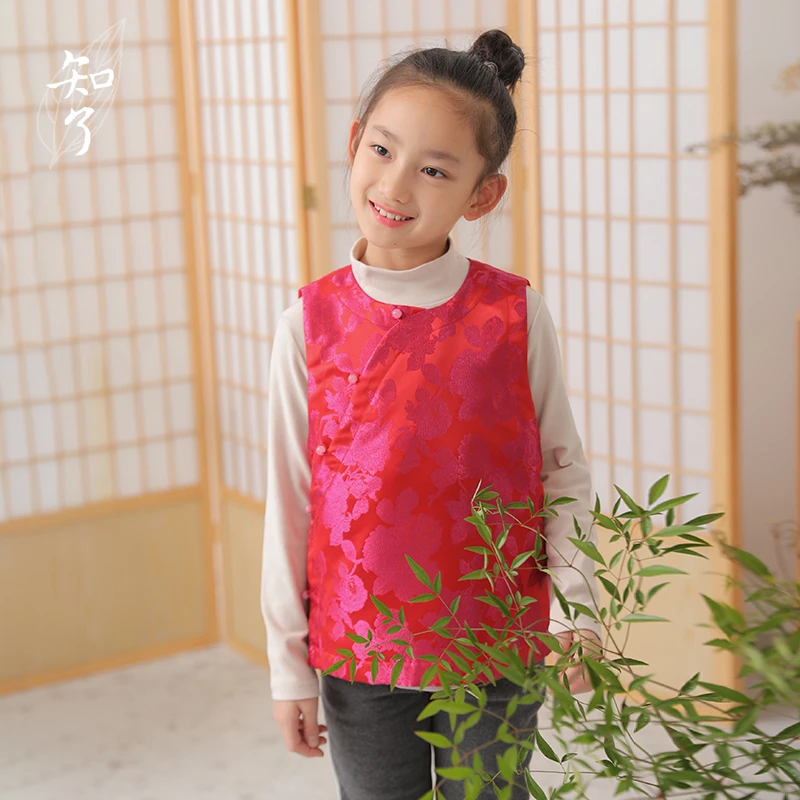 知了55136秋冬女童中国风提花锦缎马甲新中式唐装背心加绒儿童